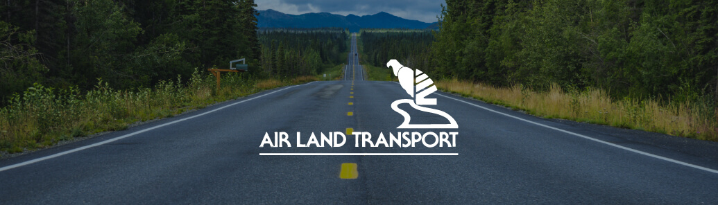 Air Land Transport logo on top of photo of road in remote Alaskan location.